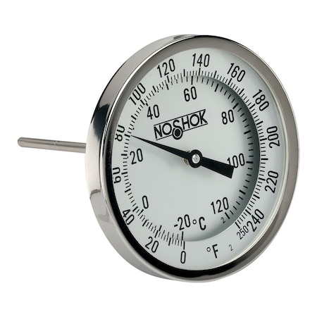 3 Bimetal Thermometer, 1/2 NPT Back Conn, 2.5 Stem Length, 50/400 F/C, .250 Diameter